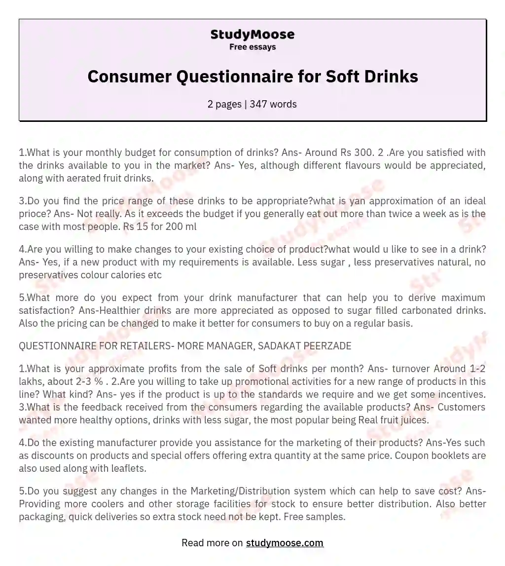 Consumer Questionnaire for Soft Drinks essay
