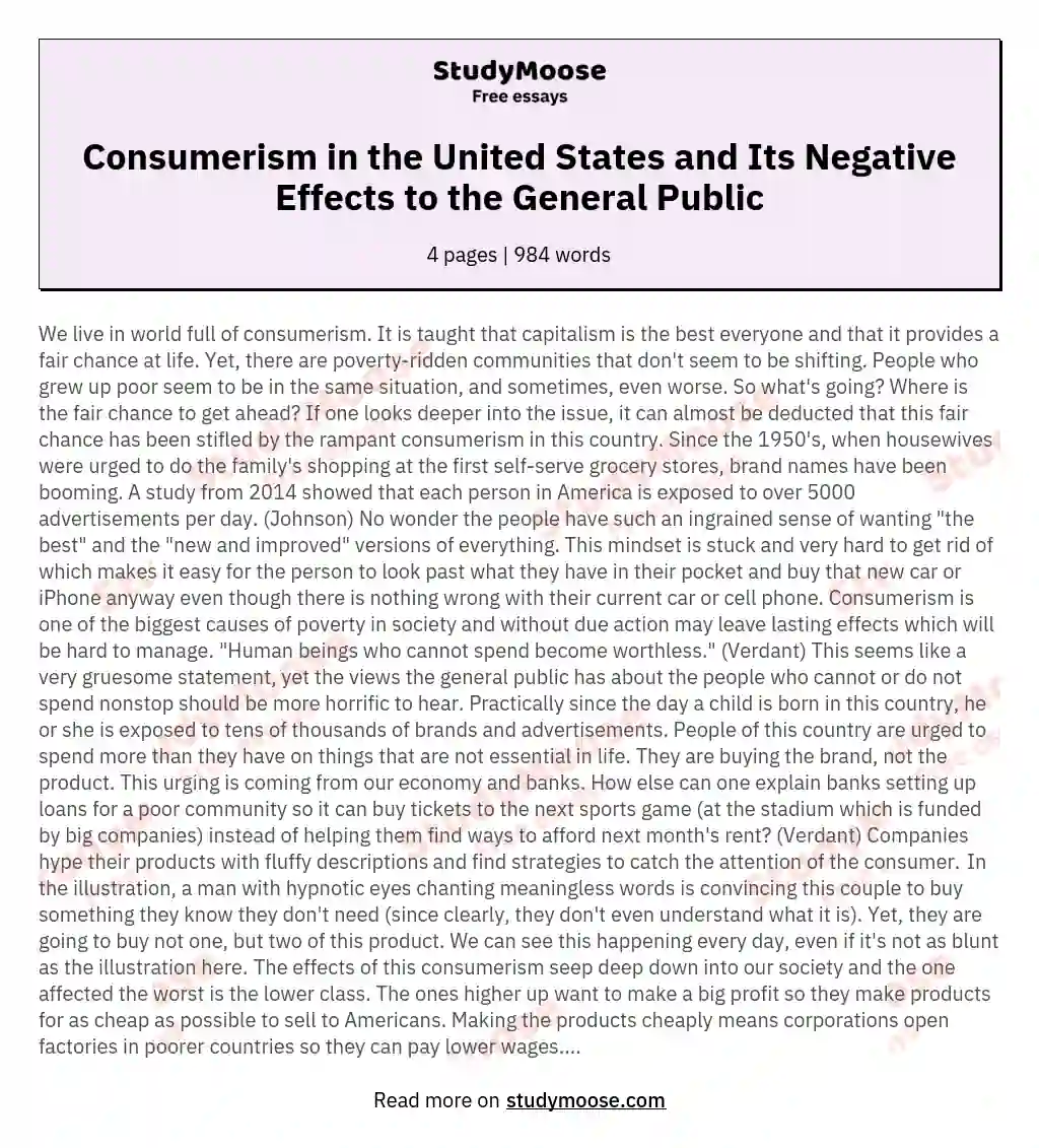 Consumerism in the United States and Its Negative Effects to the General Public essay