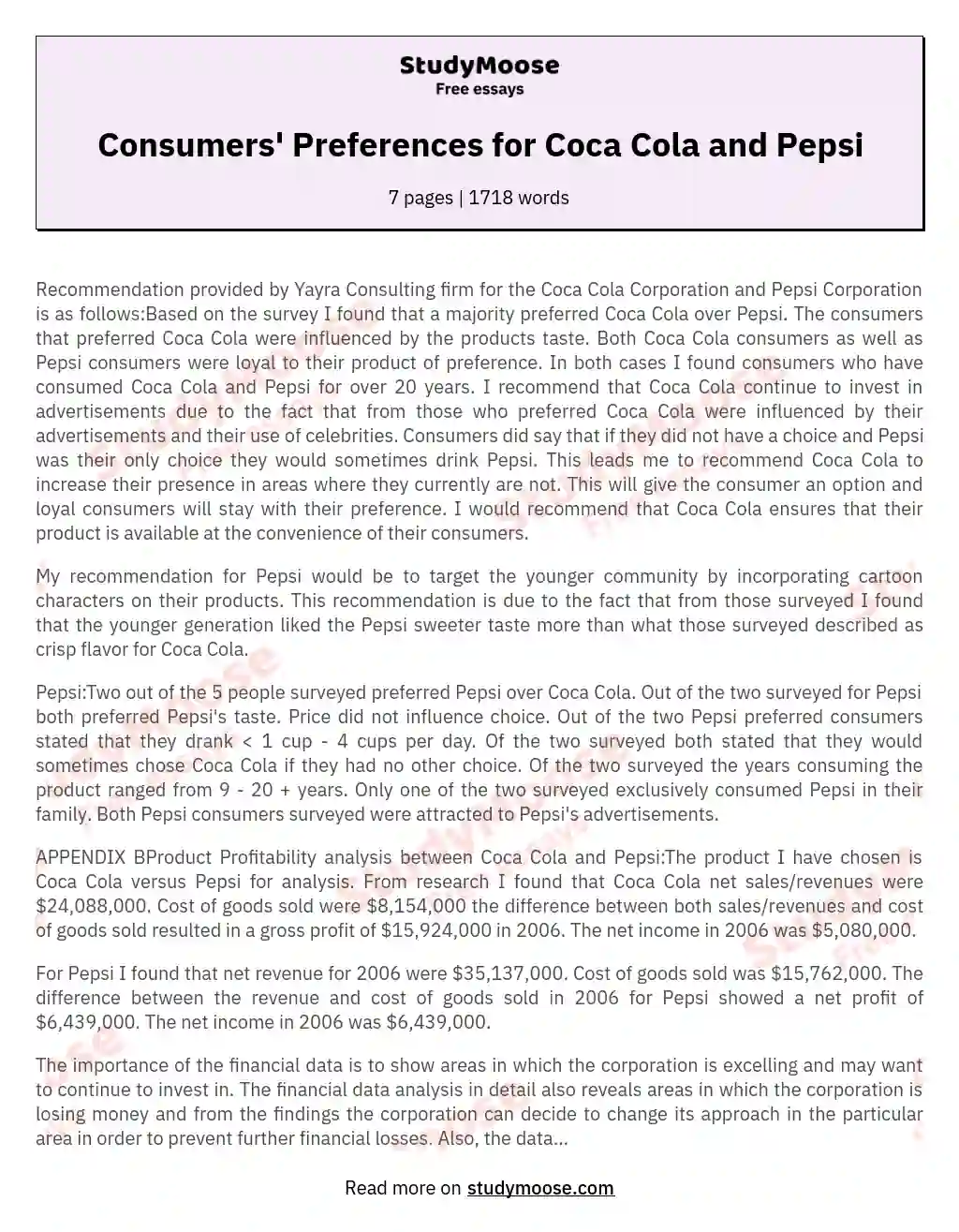 Consumers' Preferences for Coca Cola and Pepsi essay