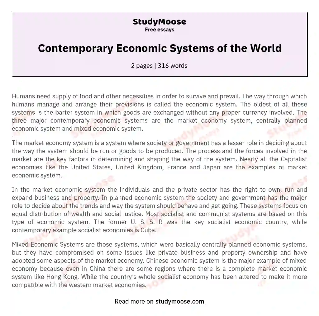 Contemporary Economic Systems of the World essay