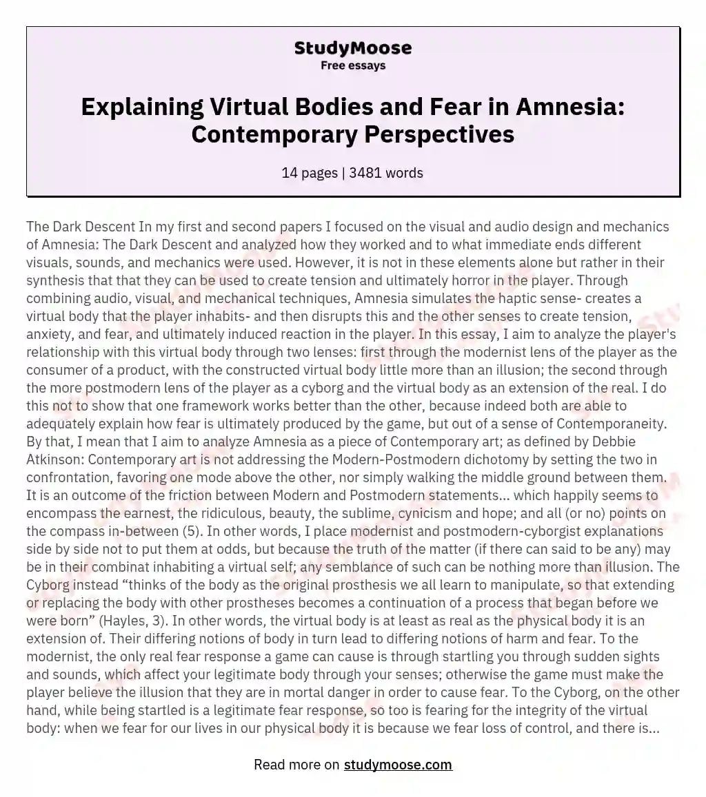 Contemporary Explanations of Virtual Bodies and Fear in Amnesia: The Dark Descent