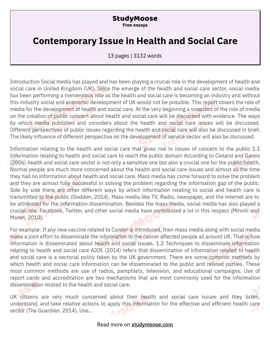 Contemporary Issue in Health and Social Care essay