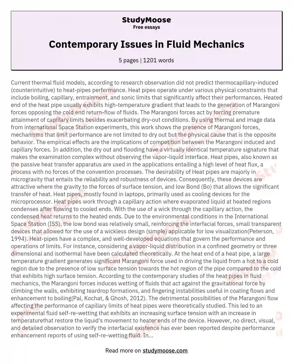 Contemporary Issues in Fluid Mechanics essay