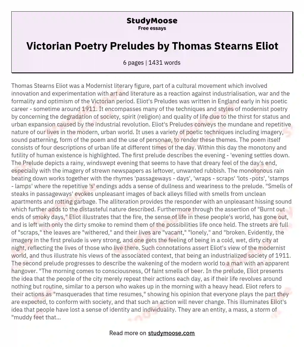 Victorian Poetry Preludes by Thomas Stearns Eliot essay