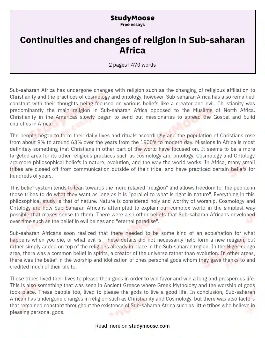 Continuities and changes of religion in Sub-saharan Africa essay