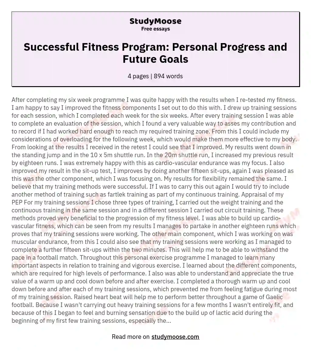 Successful Fitness Program: Personal Progress and Future Goals essay