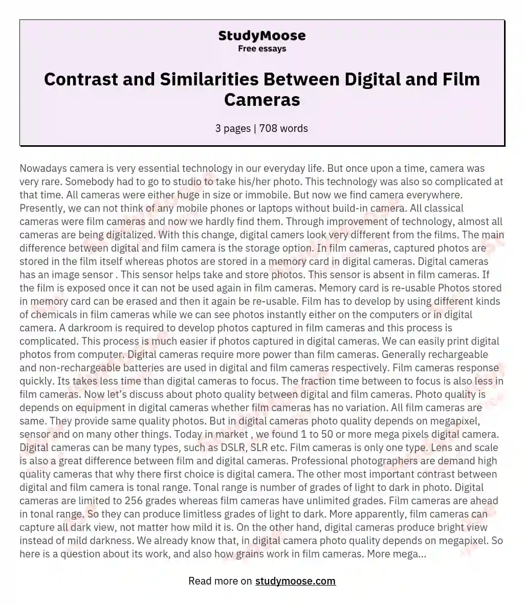 Contrast and Similarities Between Digital and Film Cameras essay