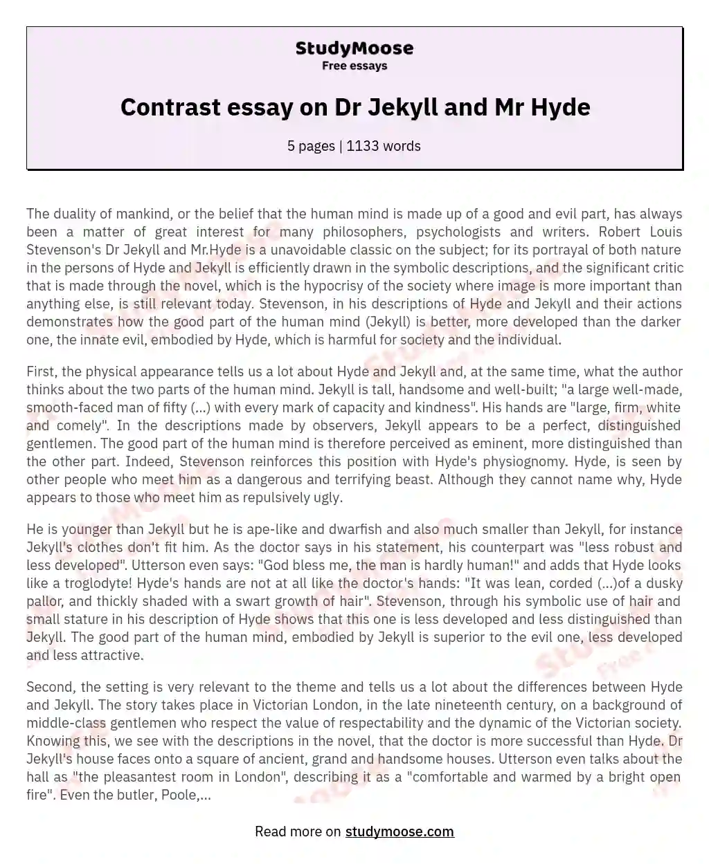 Contrast essay on Dr Jekyll and Mr Hyde essay