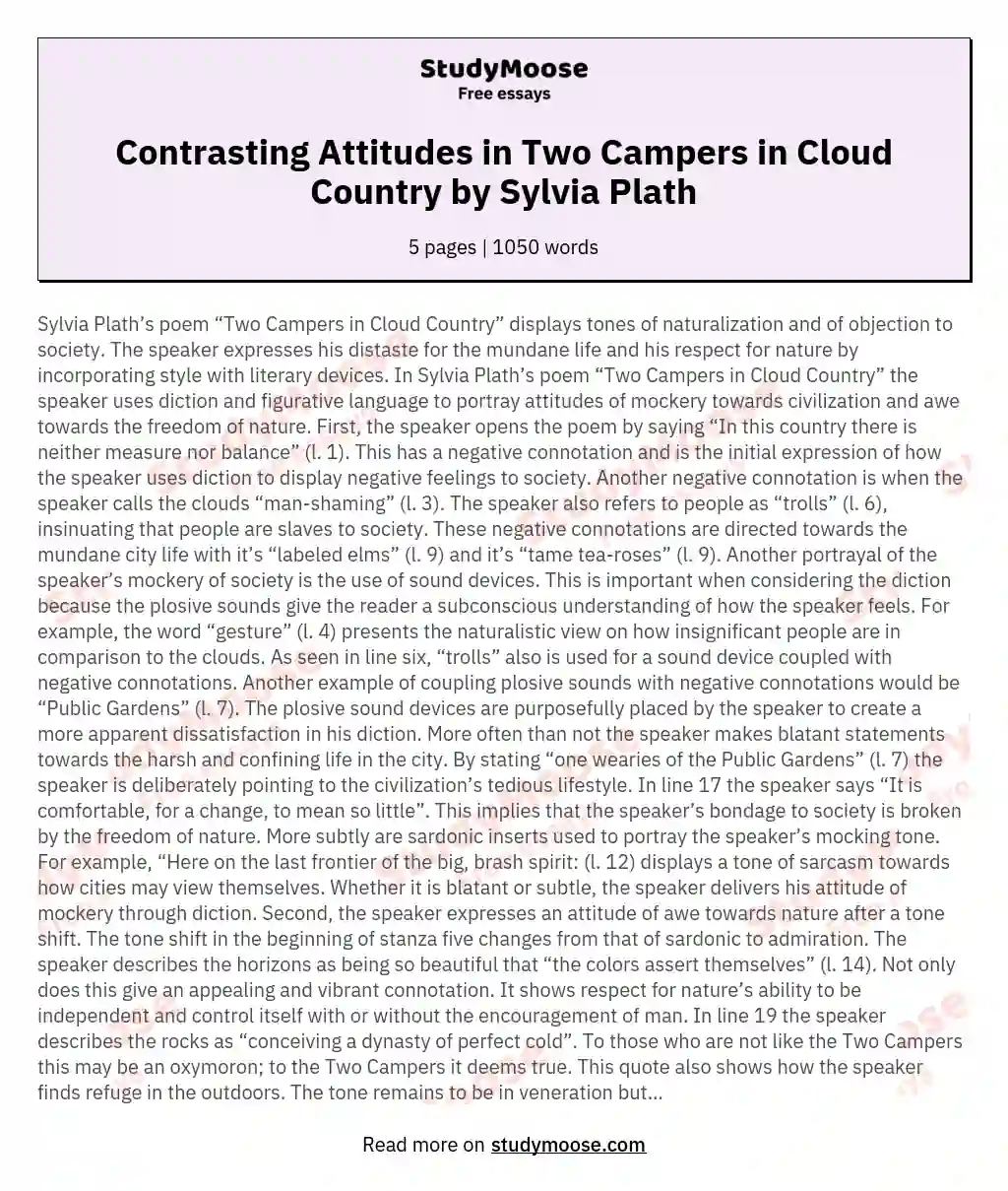 Contrasting Attitudes in Two Campers in Cloud Country by Sylvia Plath