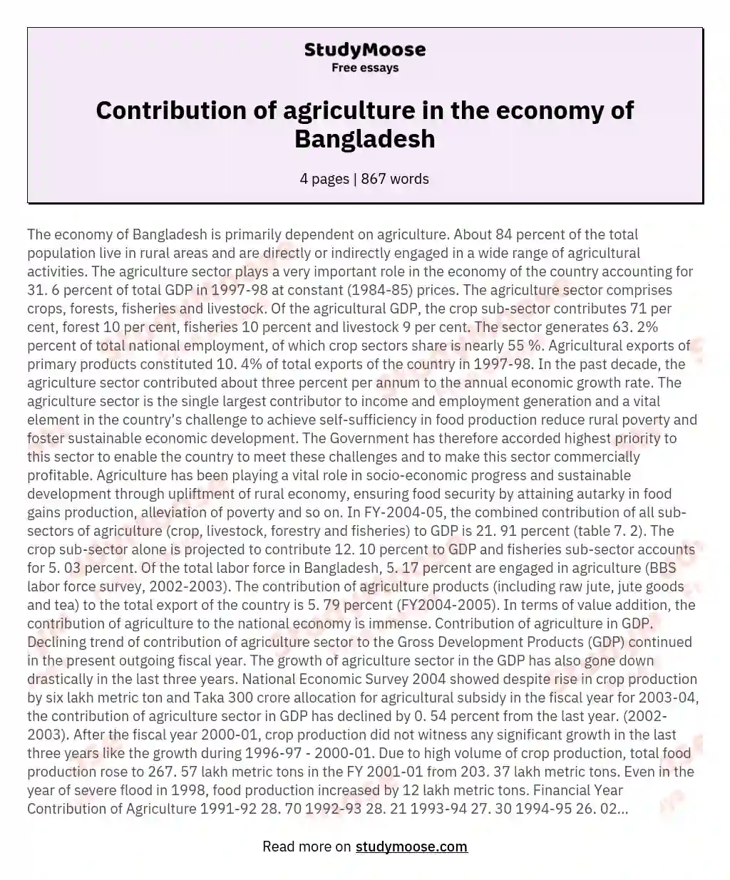 Contribution of agriculture in the economy of Bangladesh essay
