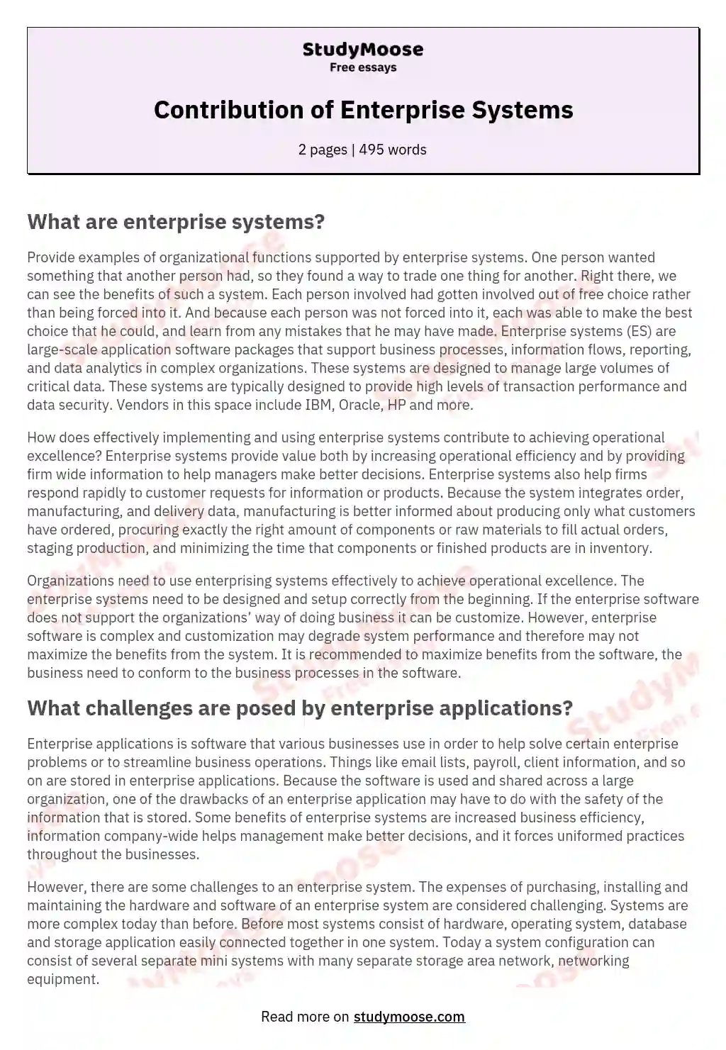 Contribution of Enterprise Systems essay