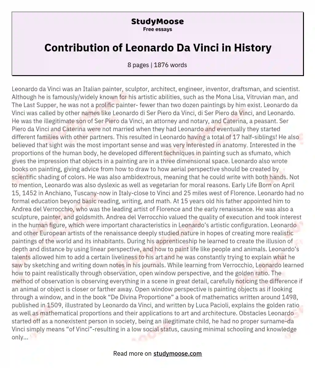 Contribution of Leonardo Da Vinci in History essay