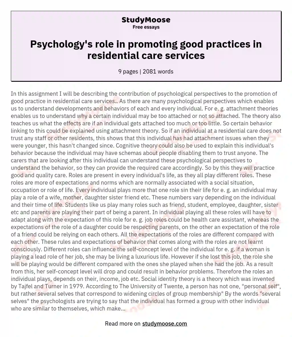 Psychology's role in promoting good practices in residential care services essay