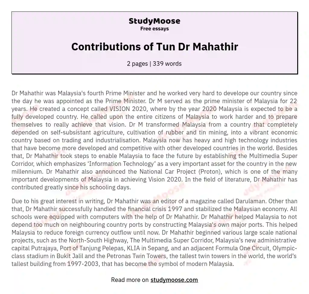 Contributions of Tun Dr Mahathir essay