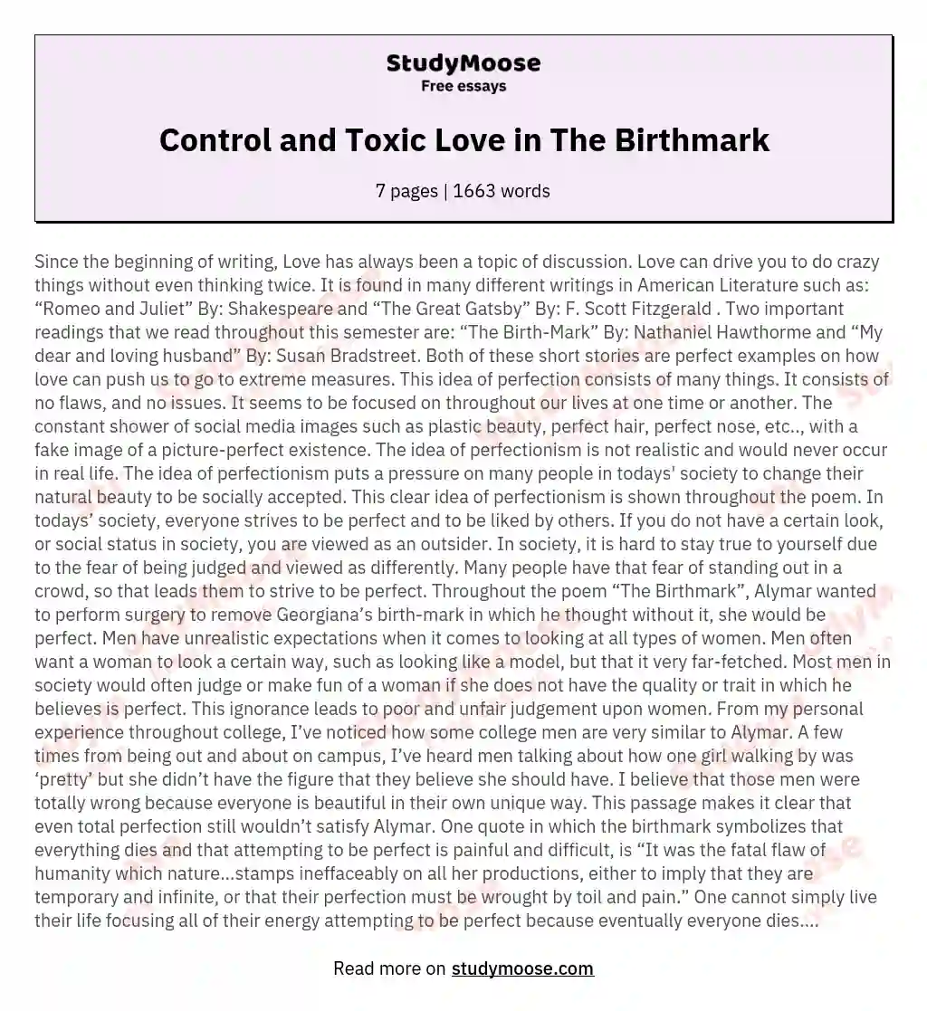 Control and Toxic Love in The Birthmark essay