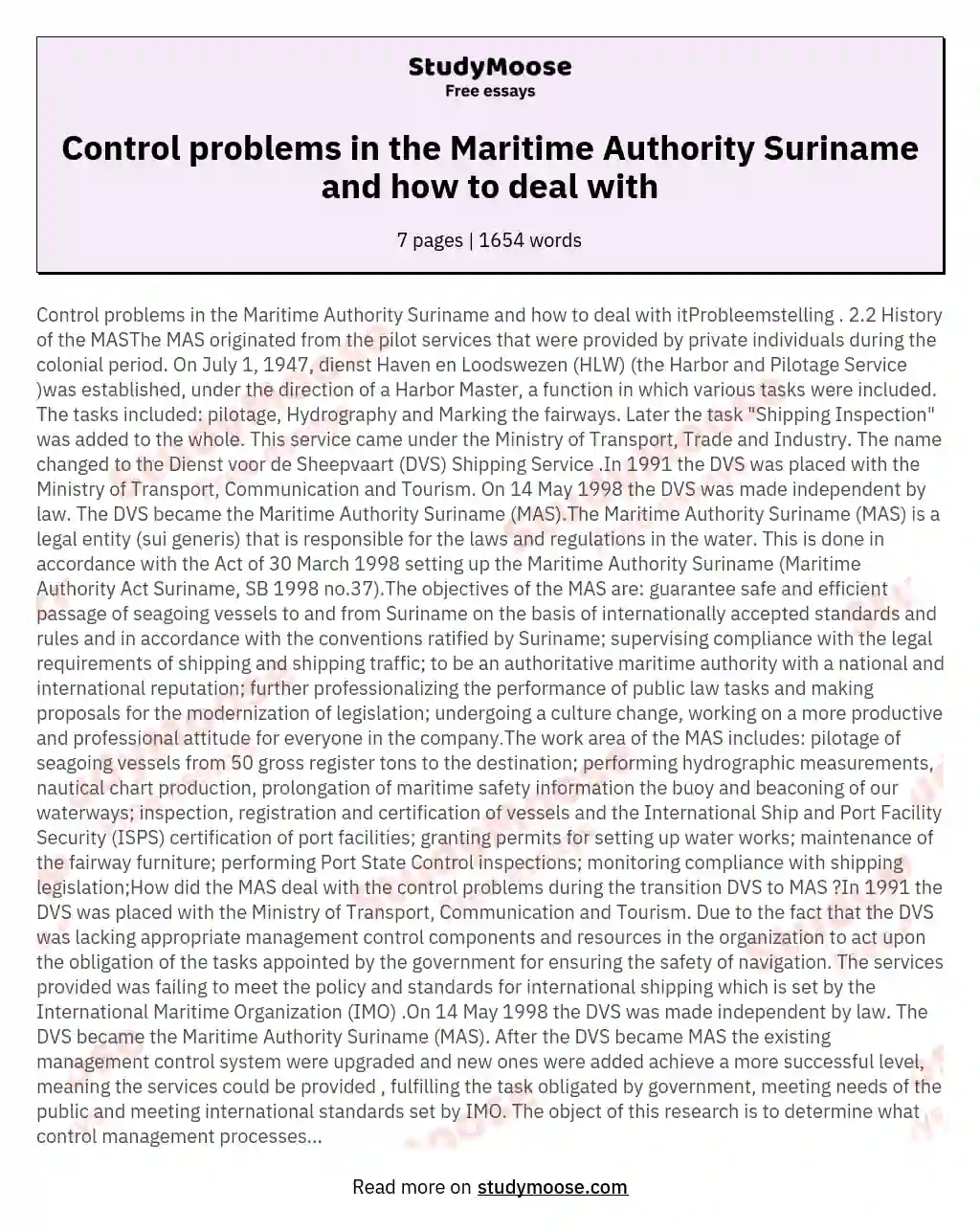 Control problems in the Maritime Authority Suriname and how to deal with essay