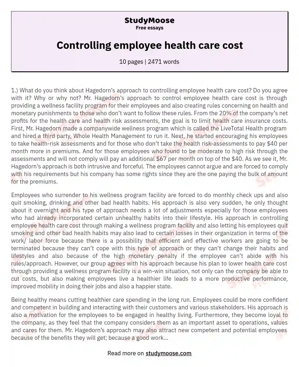 Controlling employee health care cost essay