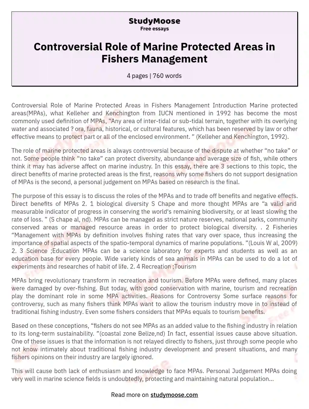 Controversial Role of Marine Protected Areas in Fishers Management essay