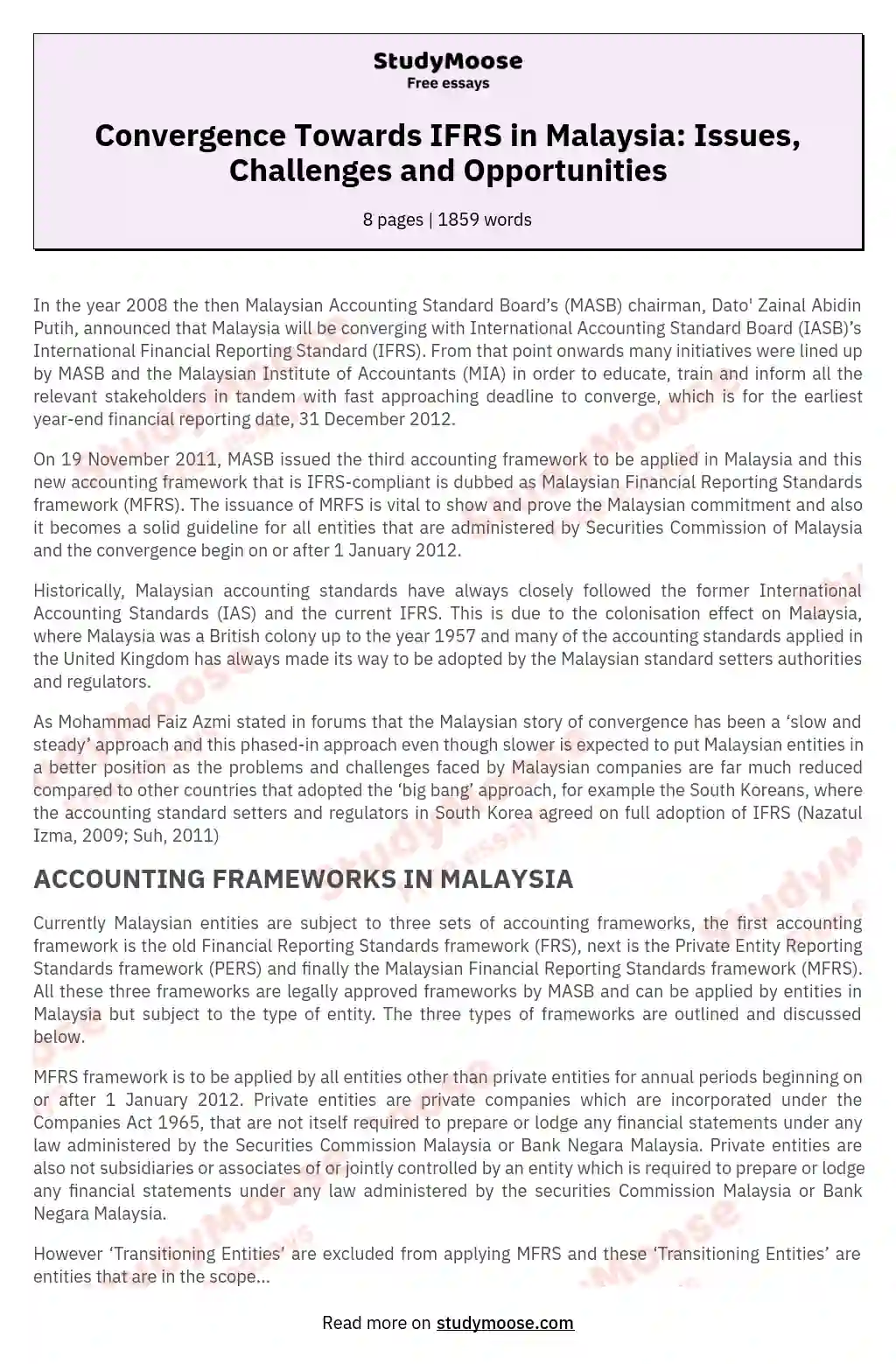 Convergence Towards IFRS in Malaysia: Issues, Challenges and Opportunities essay