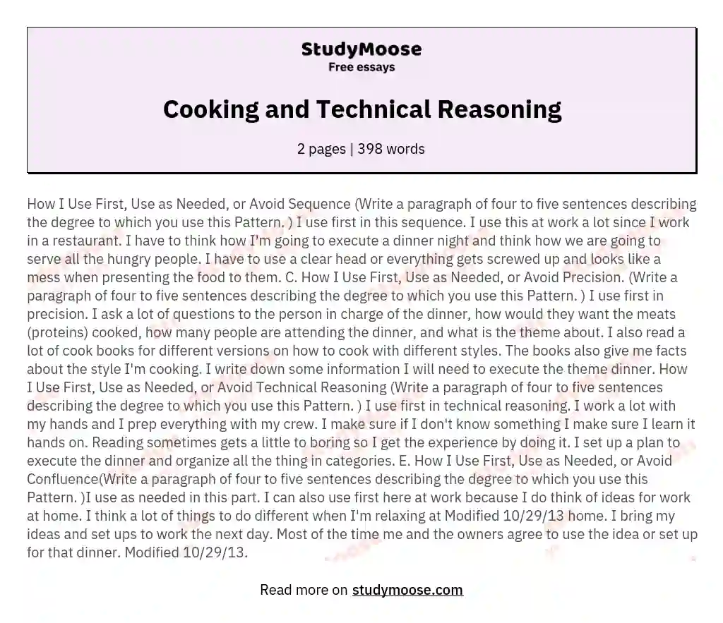Cooking and Technical Reasoning essay
