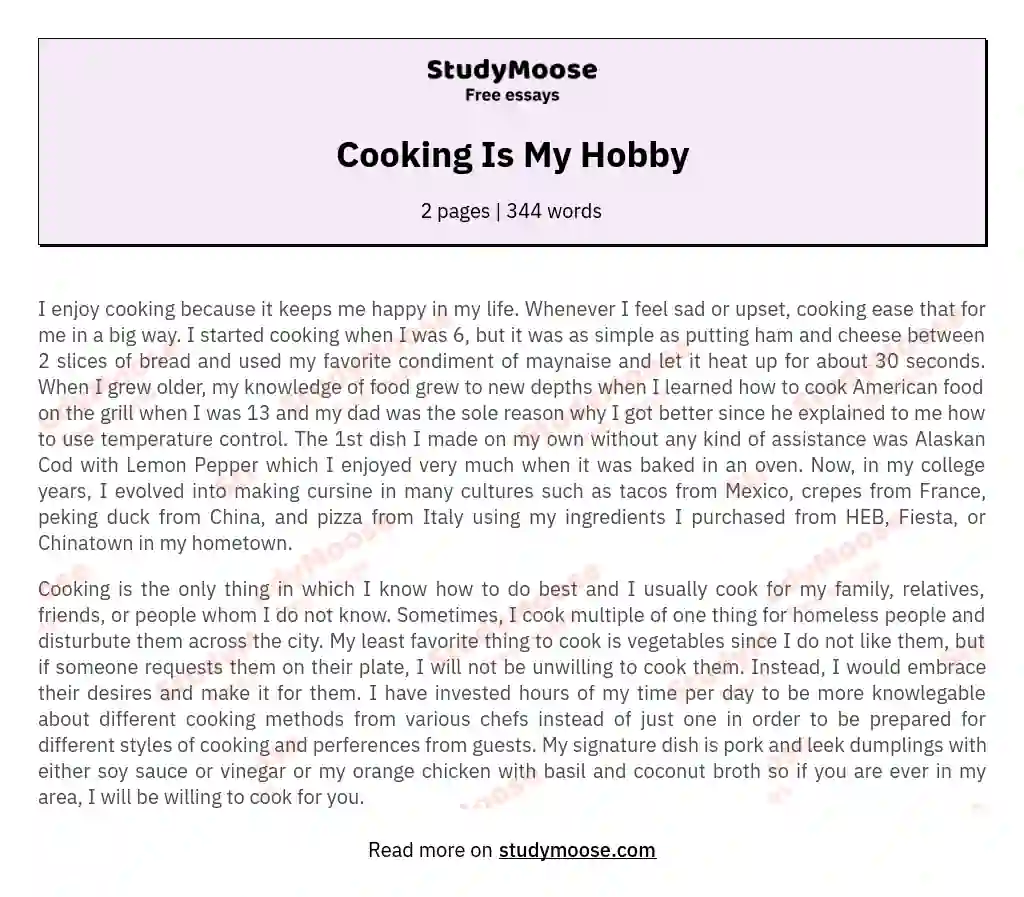 Cooking Is My Hobby essay