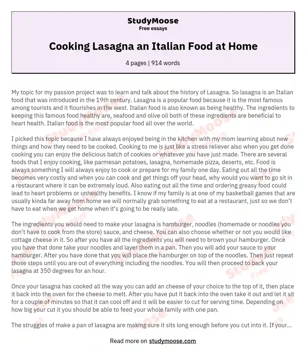 Cooking Lasagna an Italian Food at Home essay