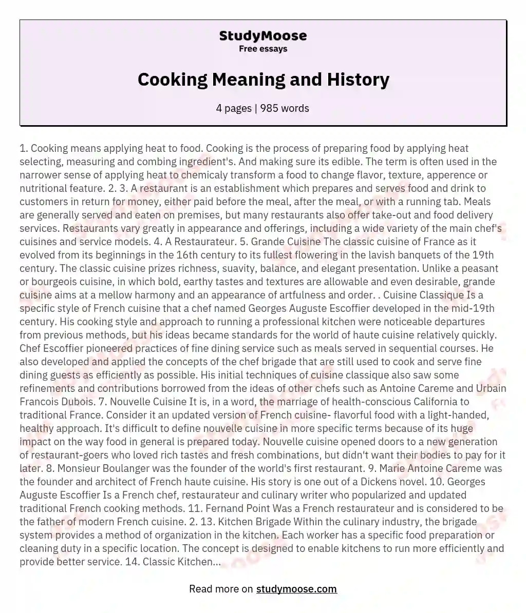 Cooking Meaning and History essay
