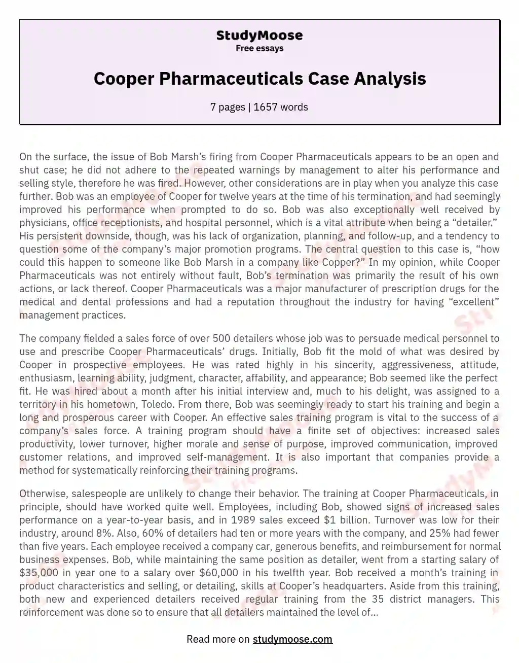 Cooper Pharmaceuticals Case Analysis essay