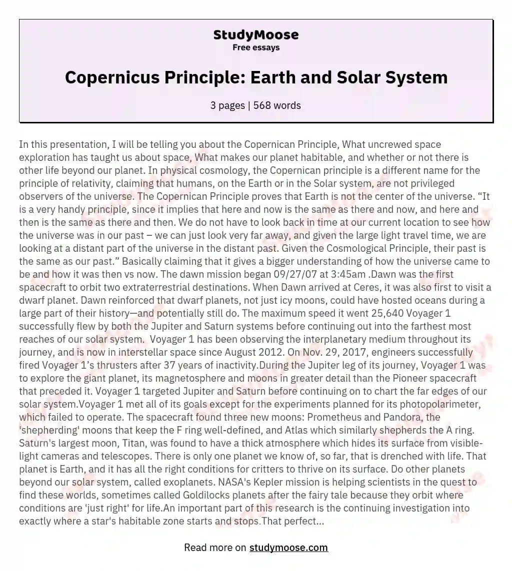 Copernicus Principle: Earth and Solar System essay