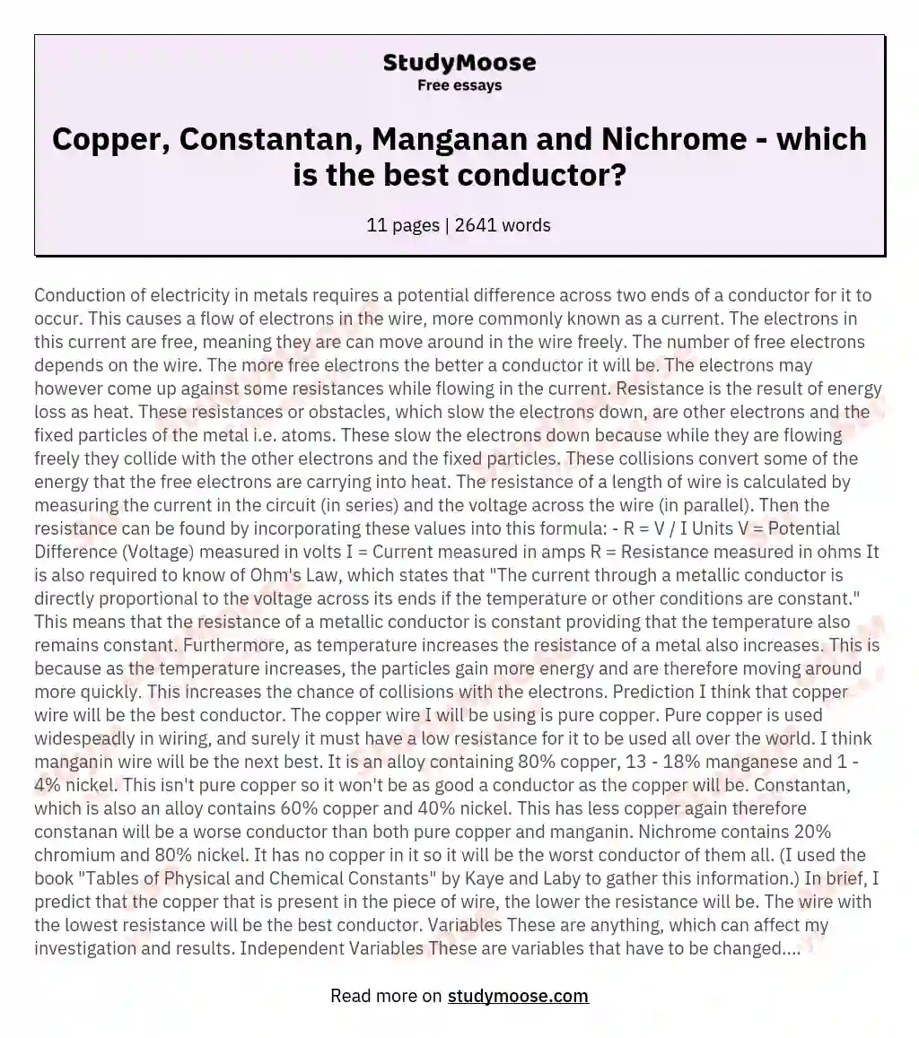 Copper, Constantan, Manganan and Nichrome - which is the best conductor? essay