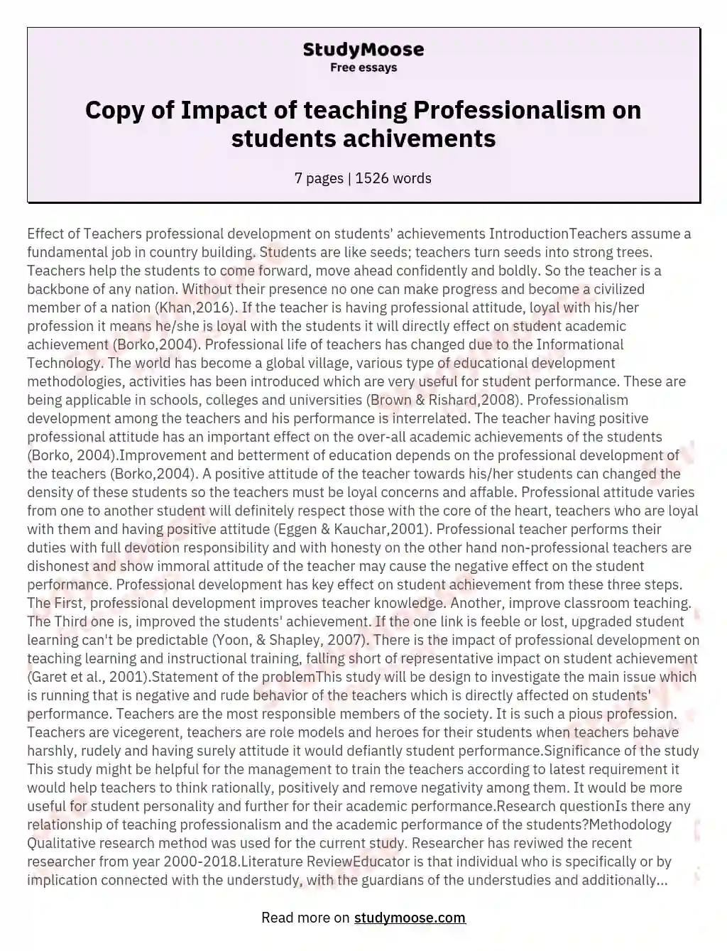 Copy of Impact of teaching Professionalism on students achivements essay
