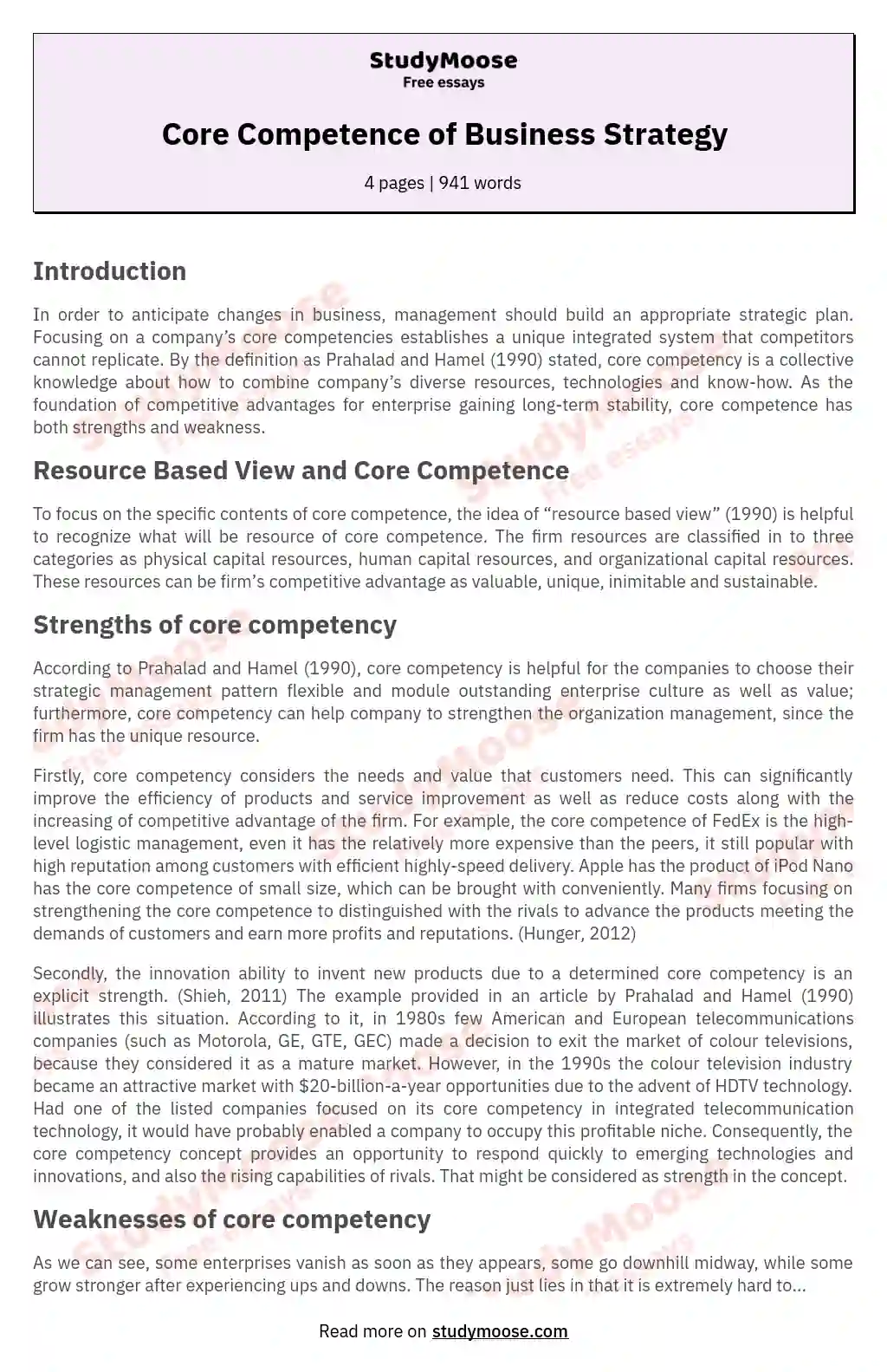 Core Competence of Business Strategy essay