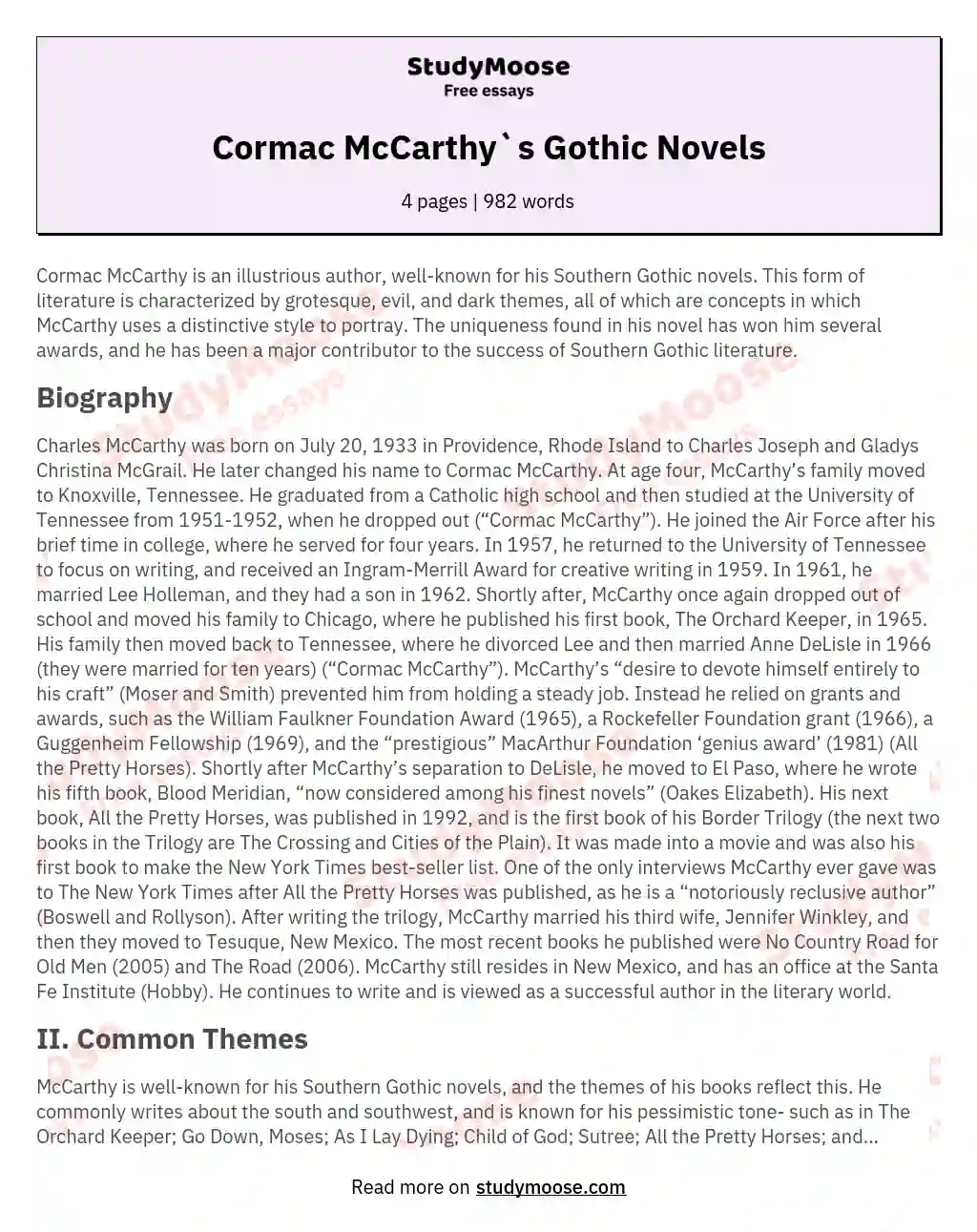 Cormac McCarthy`s Gothic Novels