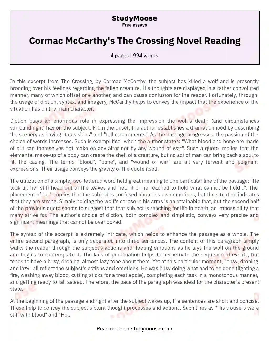 Cormac McCarthy's The Crossing Novel Reading