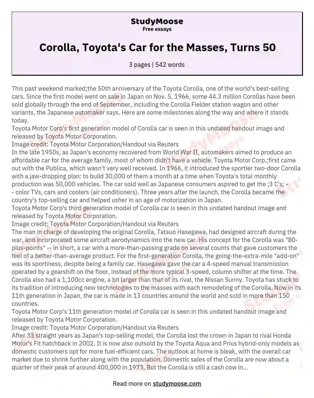 Corolla, Toyota's Car for the Masses, Turns 50 essay