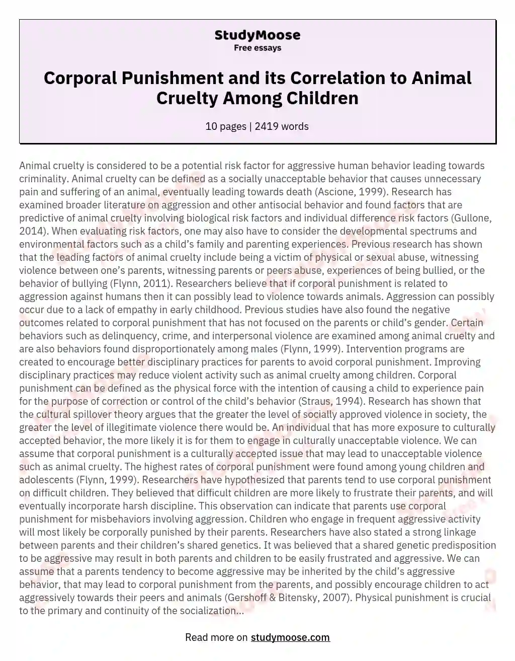 Corporal Punishment and its Correlation to Animal Cruelty Among Children  Free Essay Example