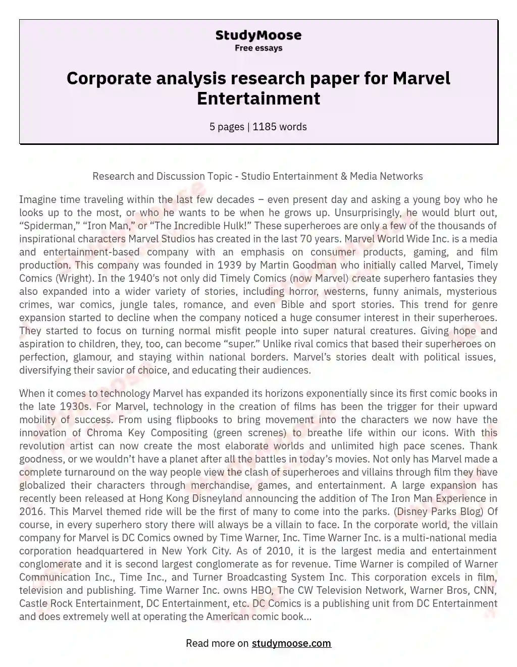 Corporate analysis research paper for Marvel Entertainment