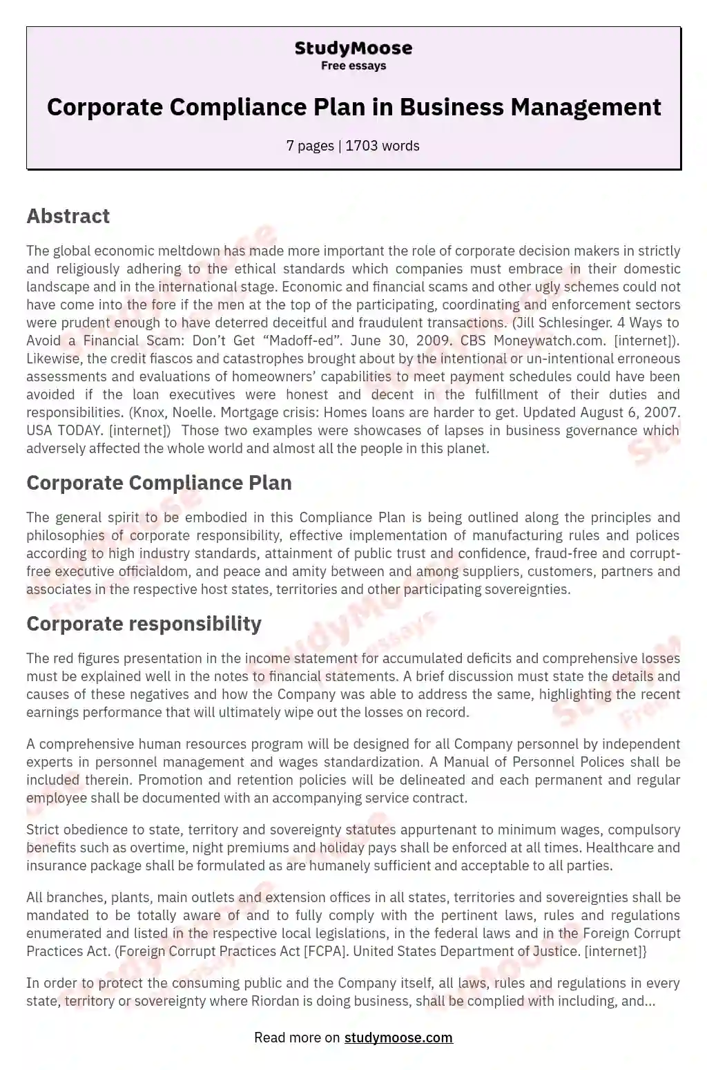 Corporate Compliance Plan in Business Management