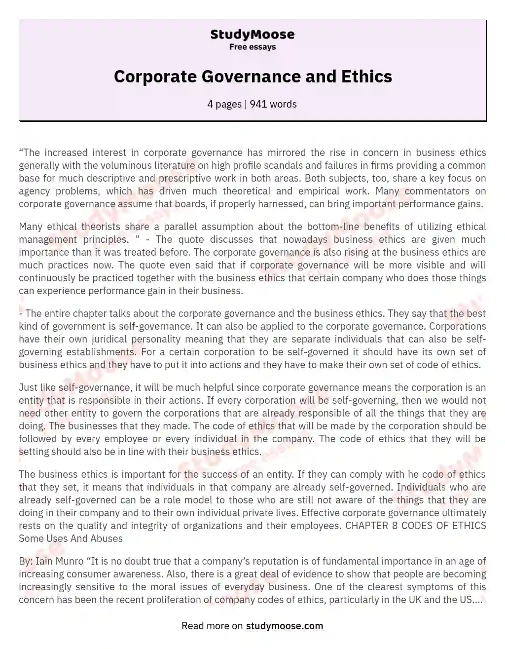Corporate Governance and Ethics essay