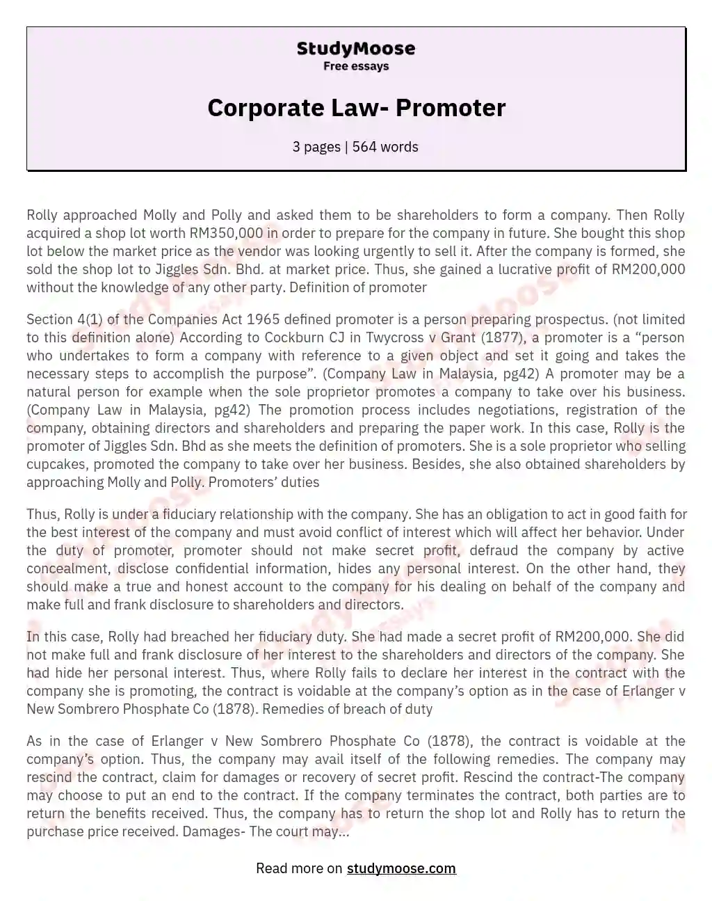 Corporate Law- Promoter essay