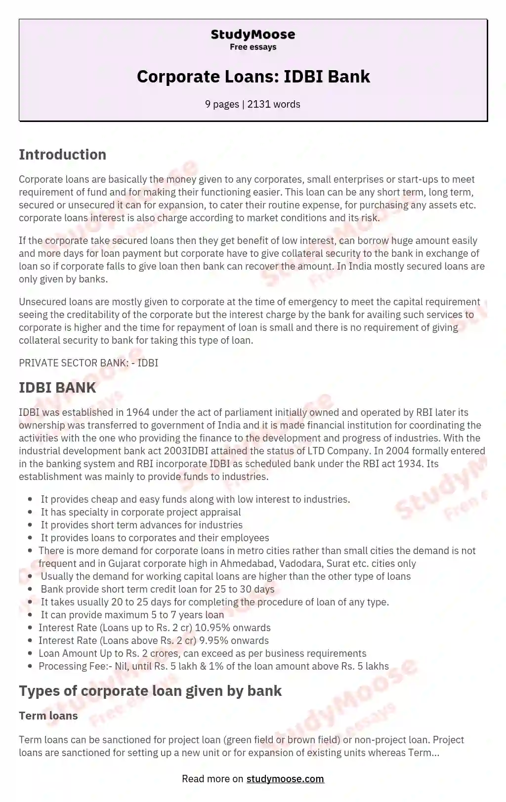 Corporate Loans: IDBI Bank essay