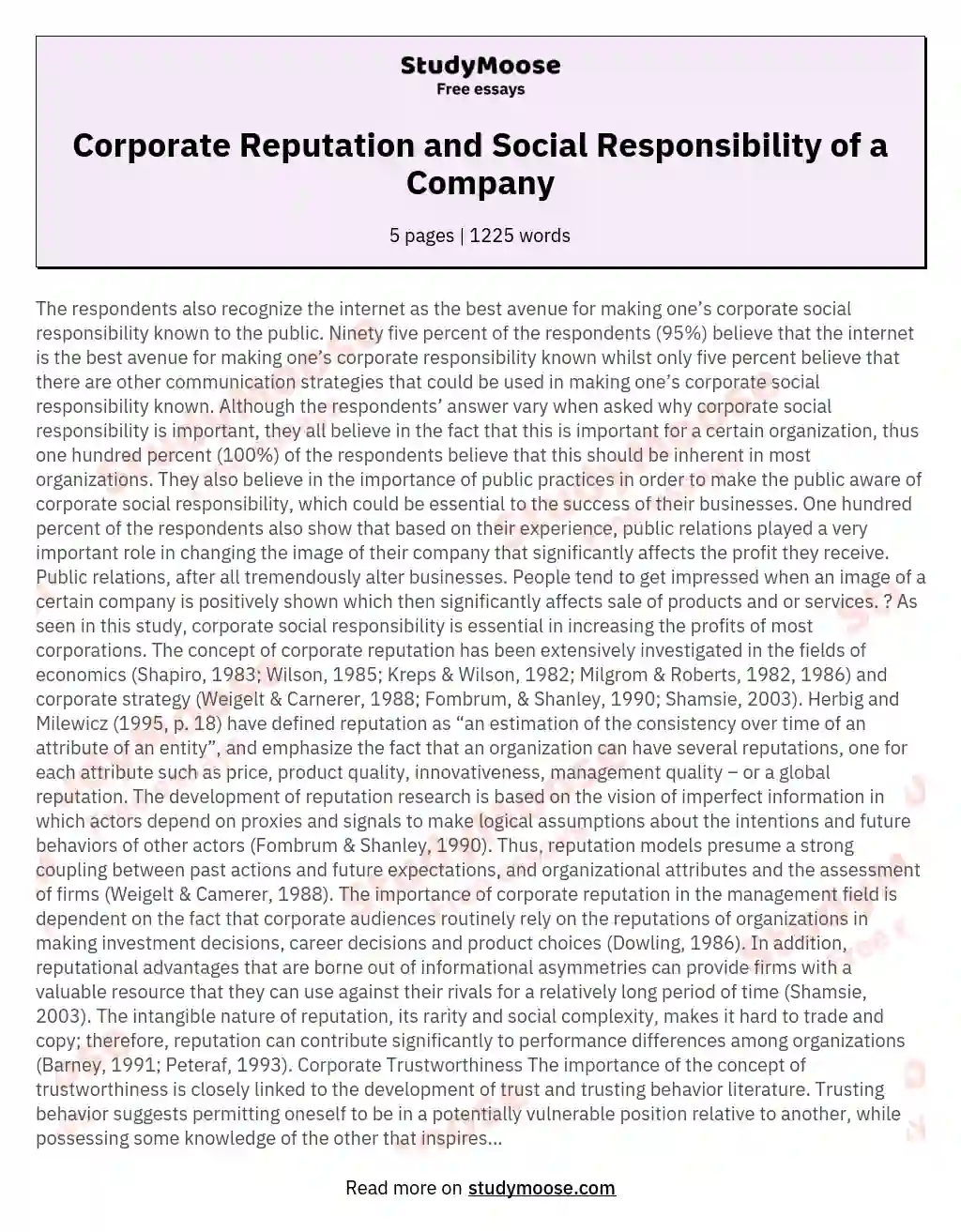 Corporate Reputation and Social Responsibility of a Company essay