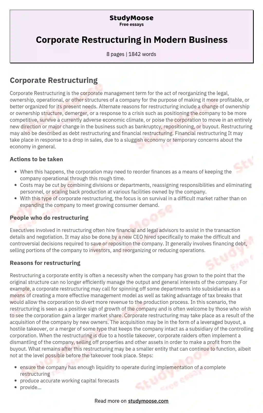 Corporate Restructuring in Modern Business essay
