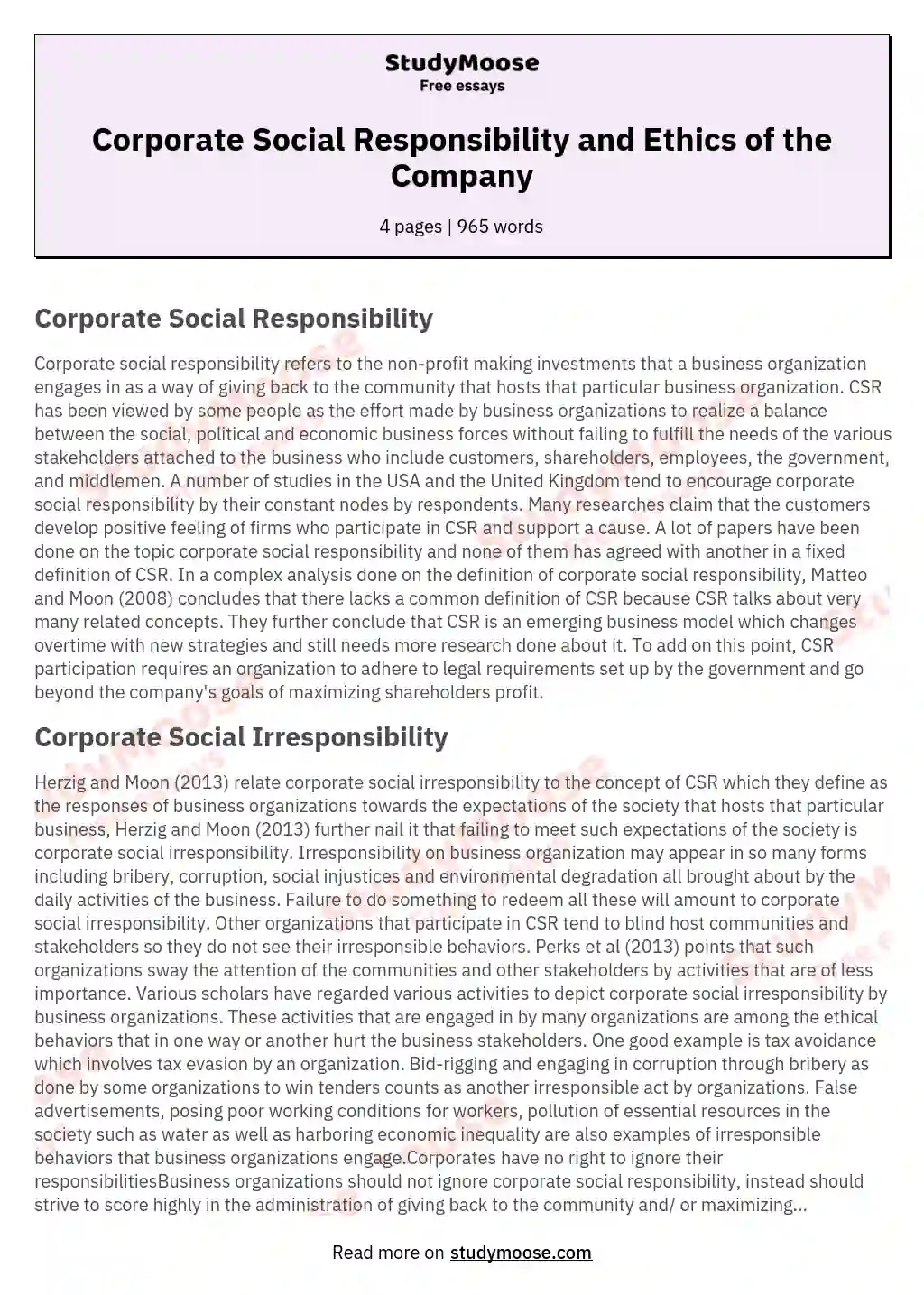 Corporate Social Responsibility and Ethics of the Company essay