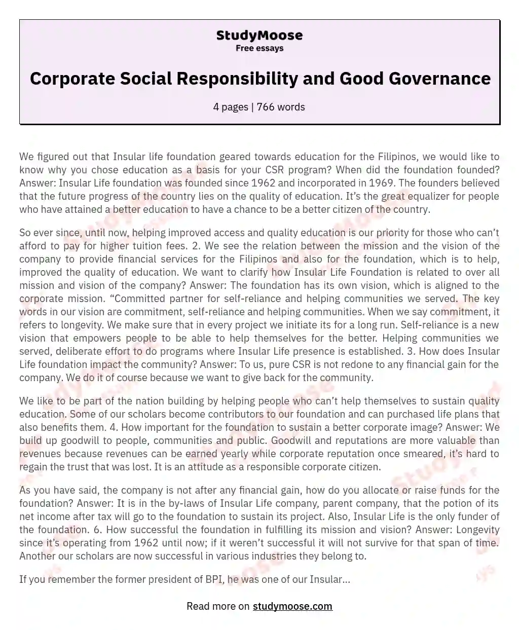 Corporate Social Responsibility and Good Governance essay