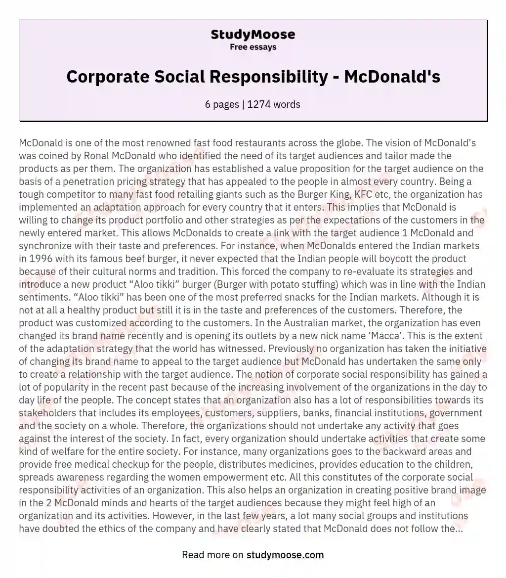 Corporate Social Responsibility - McDonald's essay