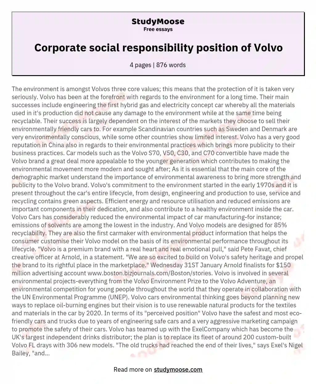 Corporate social responsibility position of Volvo