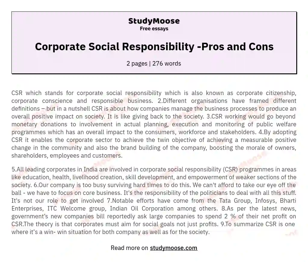 Corporate Social Responsibility -Pros and Cons essay