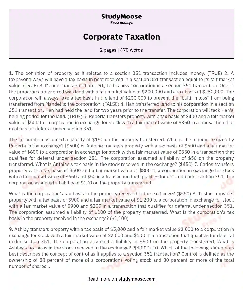 Corporate Taxation essay