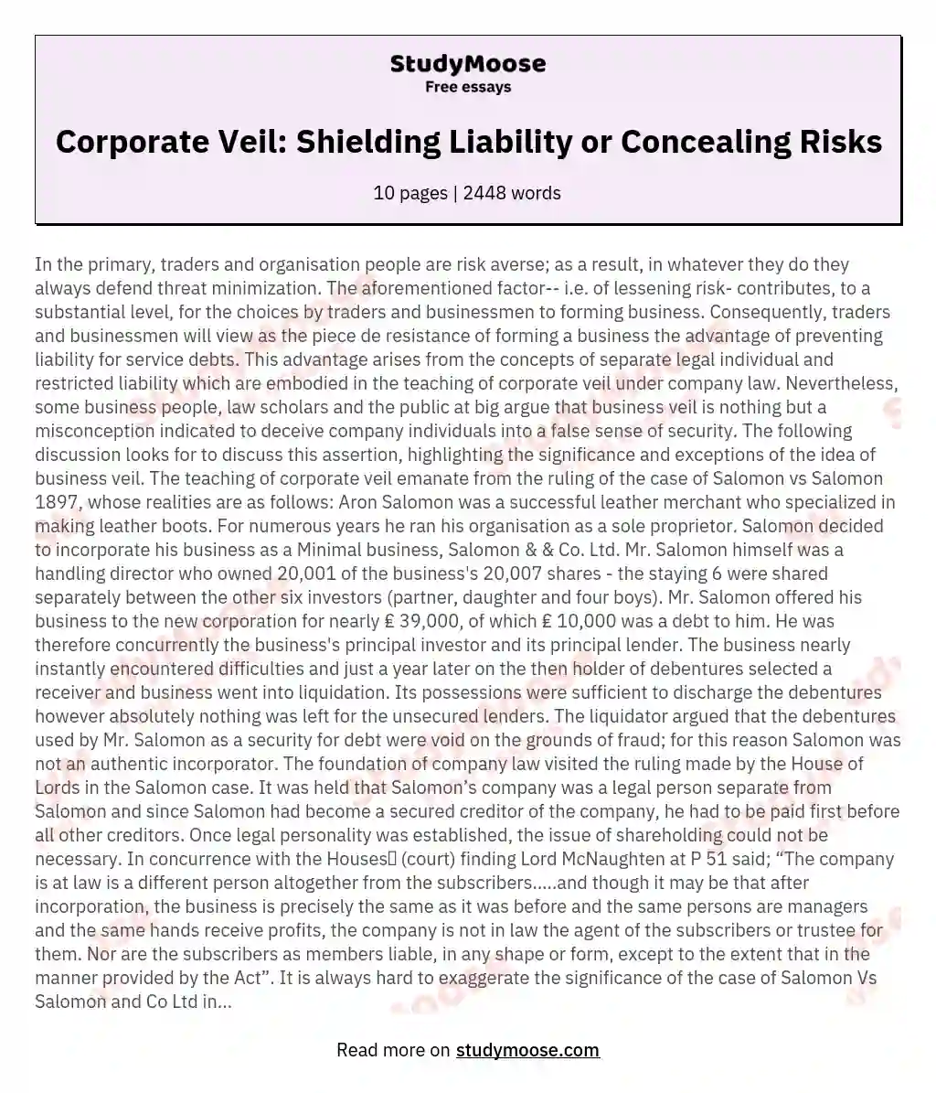 Corporate Veil: Shielding Liability or Concealing Risks essay